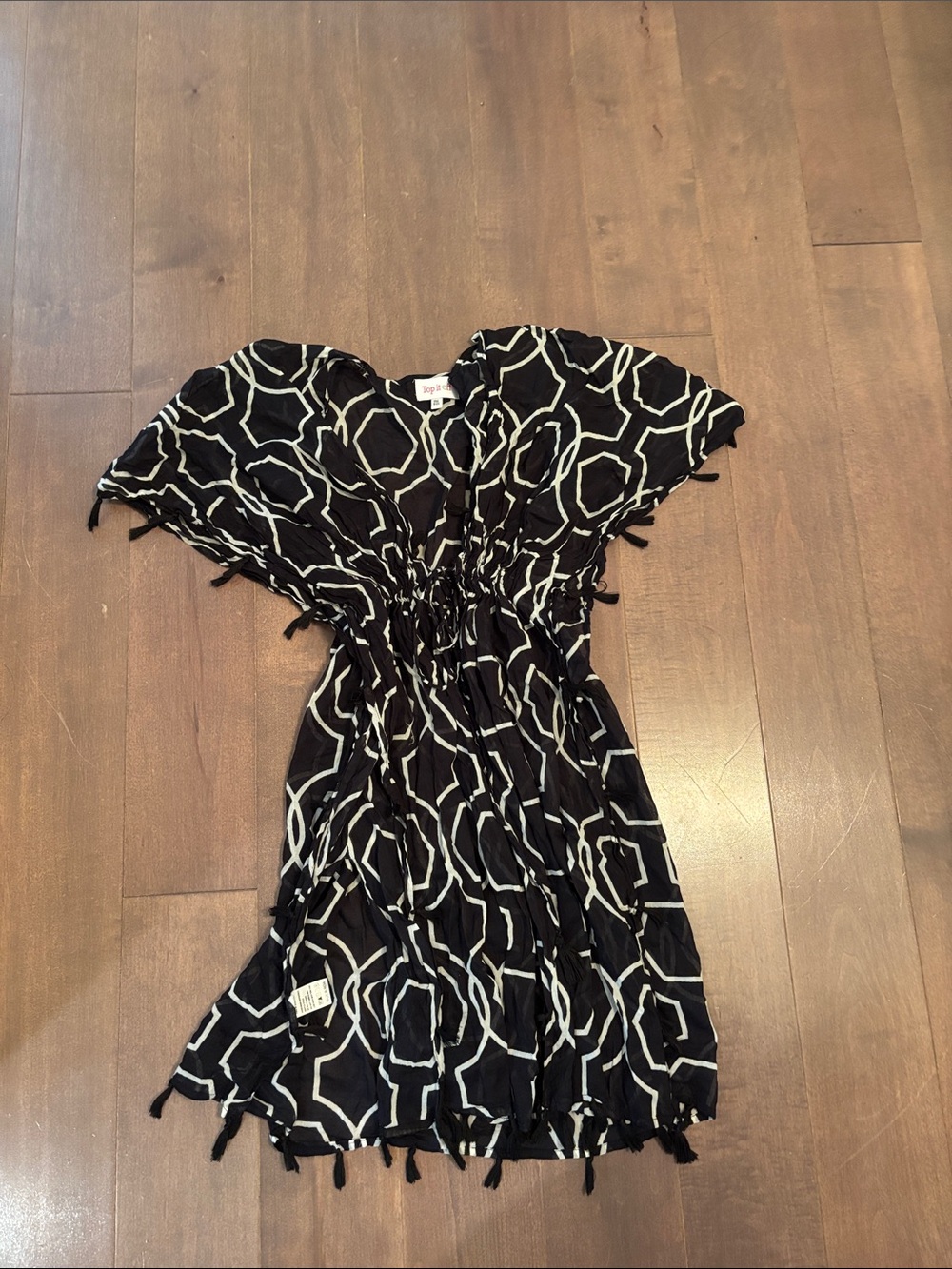 Black Geometric Swim Coverup Tunic with Tassel Hem With Drawcord Waist for Cinch